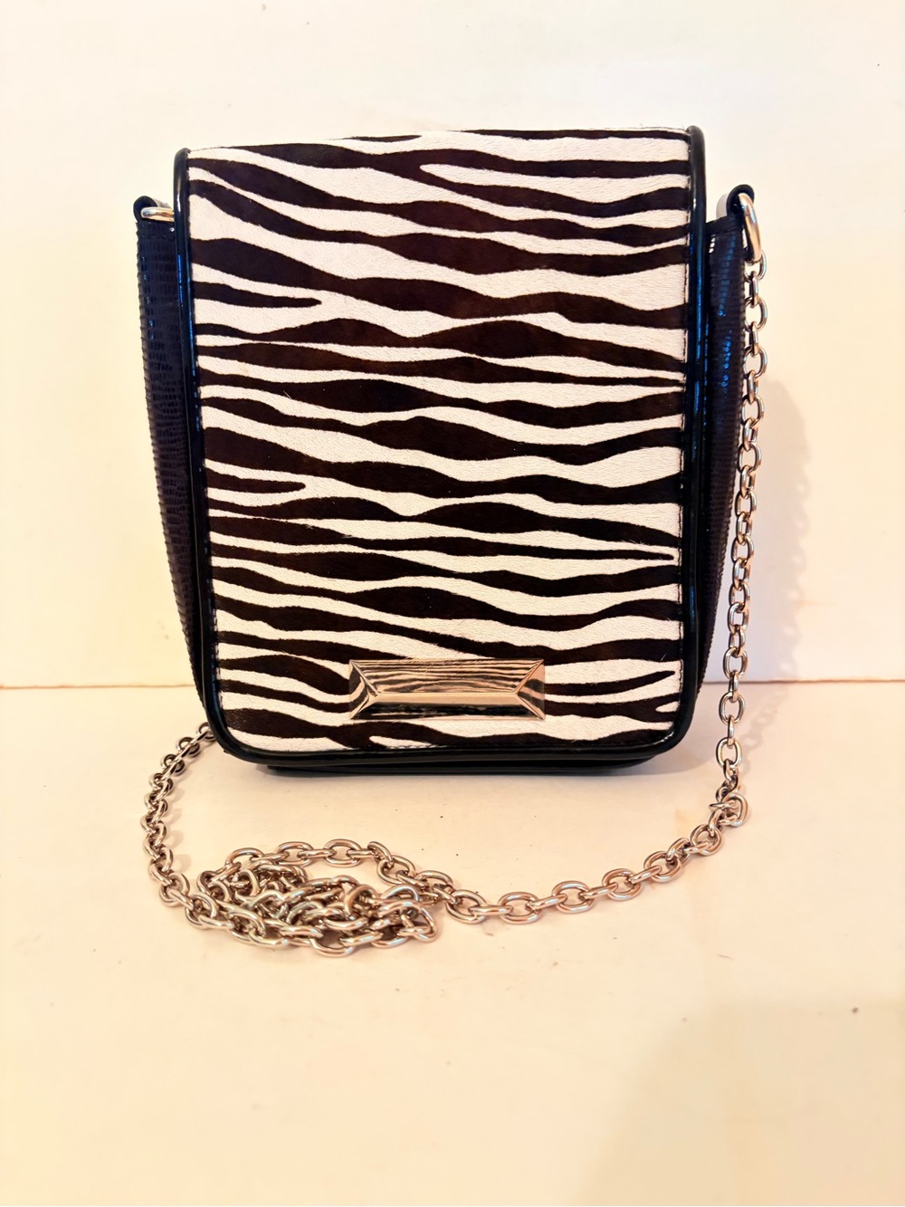 Zebra Print Real Fur Black Patent Crossbody Purse Bag with Silver Chain Strap
